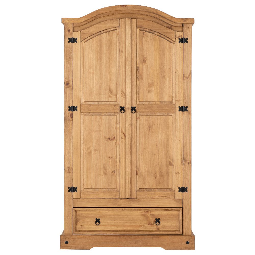 CHOICEWARDROBE Central 2 door 1 drawer wardrobe in rustic oak with black metal hinges and handles.