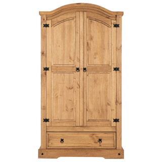 Front view of the CHOICEWARDROBE Central 2 Door 1 Drawer Wardrobe in Rustic Oak Solid Wood, featuring black metal hinges and handles, a single bottom drawer, and a traditional pine look. Width: 103cm.