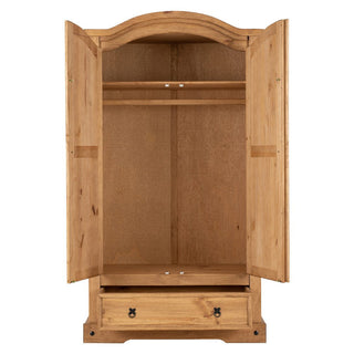 The CHOICEWARDROBE Central 2 Door 1 Drawer Wardrobe in rustic oak solid wood features a traditional pine look, black metal hinges, a hanging rod, upper shelf, and lower drawer for storage.