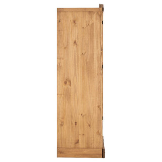 A side view of the CHOICEWARDROBE Central 2 Door 1 Drawer Wardrobe in rustic oak solid wood, featuring a traditional pine look with natural grain, knots, and black metal hinges; handles and shelves aren't visible from this angle.