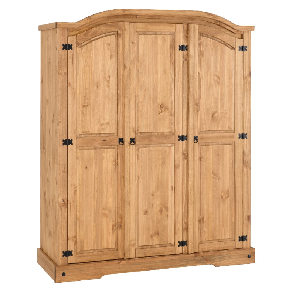 Three-door solid pine wooden wardrobe with rustic oak finish and black metal hardware