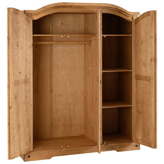 The CHOICEWARDROBE Central 3 Door Wooden Wardrobe in solid pine offers a rustic finish, traditional farmhouse style, shelves on one side, and a hanging rail on the other—perfect for practical bedroom storage.