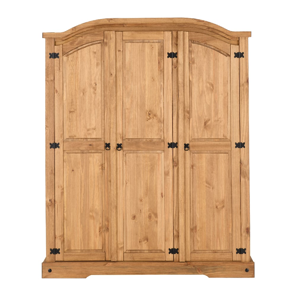 CHOICEWARDROBE 3 Door Solid Pine Wooden Wardrobe, rustic finish, black metal hinges, arched top