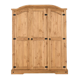 The CHOICEWARDROBE Central 3 Door Wooden Wardrobe, crafted from solid pine with a rustic finish, features black metal hinges and handles, spacious shelves and a hanging rail, plus an arched top on the central section for traditional farmhouse style.