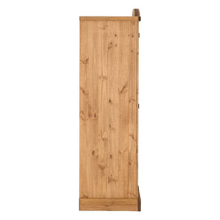 Side view of the CHOICEWARDROBE Central 3 Door Wooden Wardrobe in a solid pine rustic finish, highlighting the wood grain and farmhouse design. Features shelves and a hanging rail, with no visible handles or decor on this side—ideal for bedroom storage.