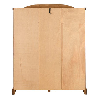 The CHOICEWARDROBE Central 3 Door Wooden Wardrobe in solid pine features a rustic farmhouse design, shelves, and a hanging rail. Shown from the back, it has three vertical panels and a curved top with a black strap handle at the center.