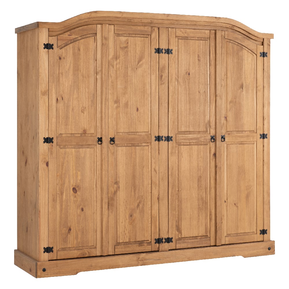 Four door natural oak wooden wardrobe with rustic traditional panel design