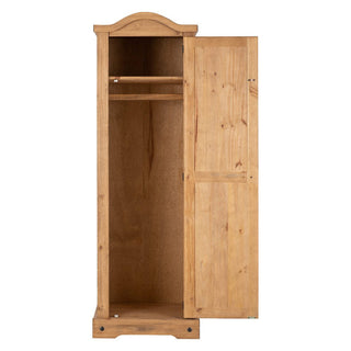 The CHOICEWARDROBE Central 51cm Solid Wooden Single Door Wardrobe in a classic oak finish offers rustic bedroom storage, featuring a hanging rail and shelf inside its simple design—perfect for organizing your space.