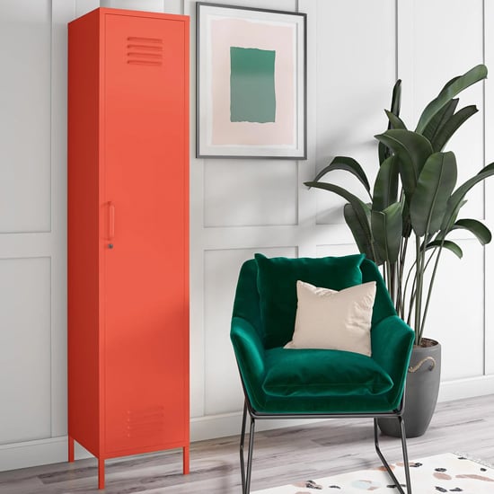 Orange metal locker wardrobe with single vented door and visible lock, interior shelves.