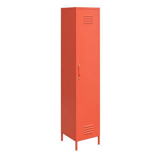The CHOICEWARDROBE Cerritos 38cm 1 Door Metal Locker Wardrobe features an industrial orange finish, vent detailing, storage shelves, sturdy handle, and four legs; shown closed against a white background.