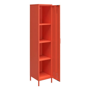 The CHOICEWARDROBE Cerritos 38cm 1 Door Metal Locker Wardrobe features an industrial orange finish, vent detailing, four storage shelves, a partially open door, and a simple modern design on raised legs.