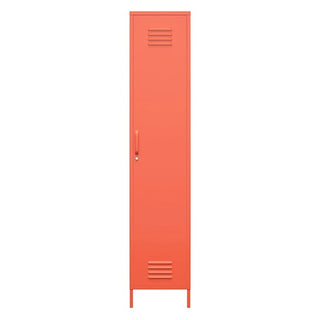 The CHOICEWARDROBE Cerritos 38cm 1 Door Metal Locker Wardrobe features an industrial orange finish, vent detailing at the top and bottom, left-side handle, four short legs, and storage shelves.