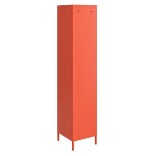 The CHOICEWARDROBE Cerritos 38cm 1 Door Metal Locker Wardrobe features an industrial orange finish, vent detailing, storage shelves, and a tall rectangular design with four legs and a flat top.