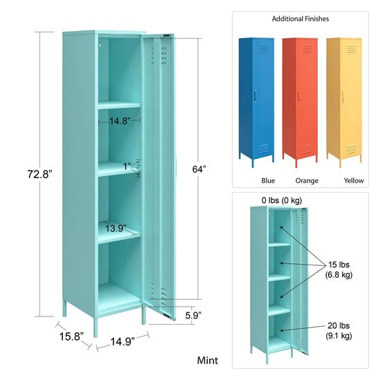 CHOICEWARDROBE Cerritos 72.8"H locker wardrobe in mint green, with dimensions and shelf weight capacities shown.