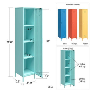 The CHOICEWARDROBE Cerritos 38cm 1 Door Metal Locker Wardrobe in industrial orange features vent detailing, storage shelves, and measures 72.8H x 15.8W x 14.9D. Insets show weight capacity per shelf and finish options: blue, mint green, yellow.