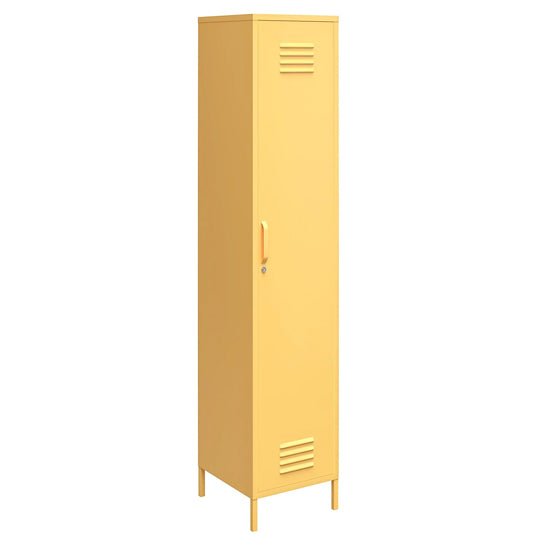 Yellow metal single door locker wardrobe with handle, keyhole, and ventilation slots. Slim storage.