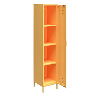 The CHOICEWARDROBE Cerritos 38cm Metal Single Door Wardrobe in yellow is a slim industrial locker with four shelves, an orange interior, and sturdy legs—ideal storage for bedroom, office, or hallway.
