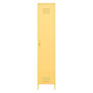 The CHOICEWARDROBE Cerritos 38cm Metal Single Door Wardrobe features a slim yellow design with ventilation slats, a handle, and keyhole—perfect for bedrooms, offices, or hallways seeking stylish industrial storage.