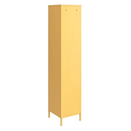 Tall yellow metal single door wardrobe with slim legs on white background