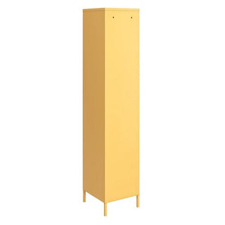 The CHOICEWARDROBE Cerritos 38cm Metal Single Door Wardrobe features a tall, rectangular yellow design with four slim legs and a plain front, perfect as slim industrial locker storage for bedrooms, offices, or hallways. Photographed on white background.