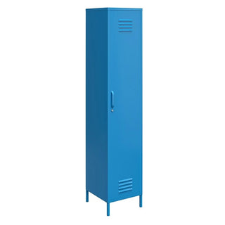 The CHOICEWARDROBE Cerritos 38cm Metal Wardrobe is a tall, narrow, bold blue locker-style cabinet with a single door, handle, and ventilation slots. This industrial modern storage unit stands on four short legs—ideal for bedrooms or offices.