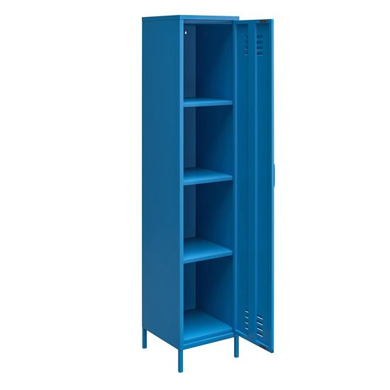 Blue metal locker storage cabinet with single door open, showing four shelves. Industrial modern style.