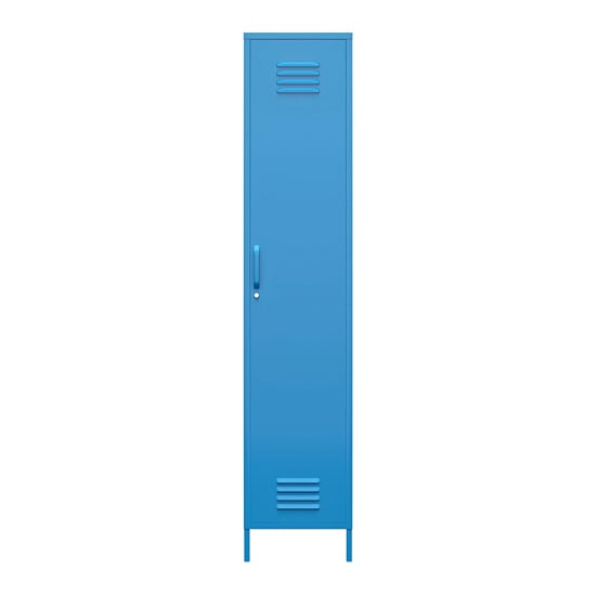 Blue metal locker wardrobe with single door, vent, handle, and legs