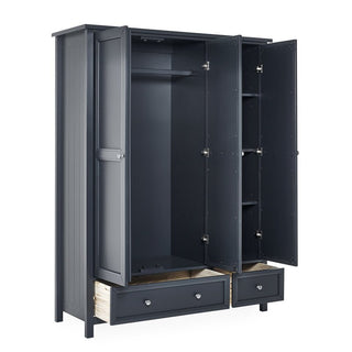 The CHOICEWARDROBE Cheshire 3 Door 3 Drawer Wardrobe in soft grey features a classic shaker design with brushed metal handles, open doors showing a hanging rod, shelves, and two lower drawers—ideal for bedroom storage and organization.