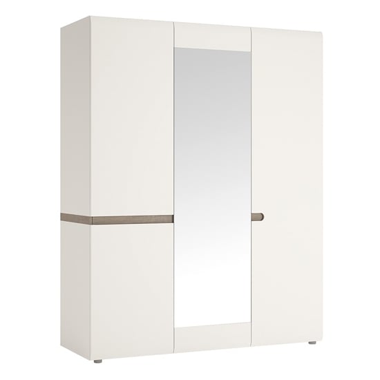 CHOICEWARDROBE Cheya 164cm white and truffle oak 3-door mirrored wardrobe - front view with centre mirror
