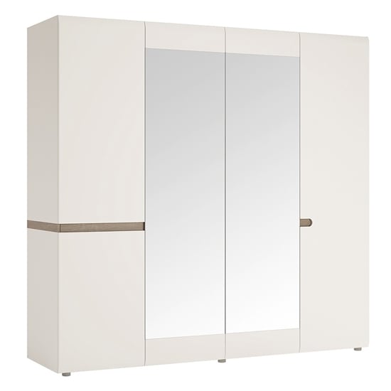White high gloss 4-door mirrored wardrobe with truffle oak detail
