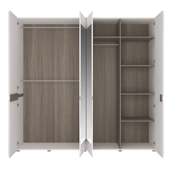 Interior of CHOICEWARDROBE Cheya 218cm 4-door mirrored wardrobe: white high gloss with truffle oak detail, showing shelves and hanging rails.
