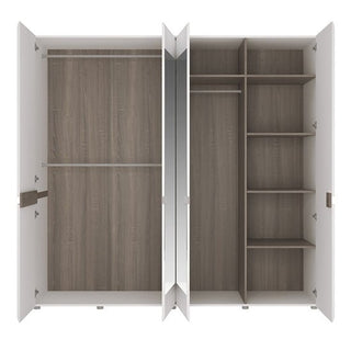 Interior view of the Cheya 218cm White & Truffle Oak Mirrored Wardrobe featuring multiple shelves, hanging rails, and soft-close storage.