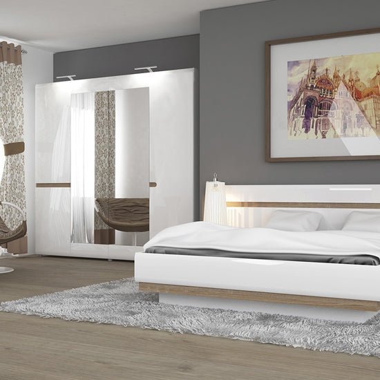 Cheya 218cm white high gloss 4 door mirrored wardrobe with truffle oak detailing
