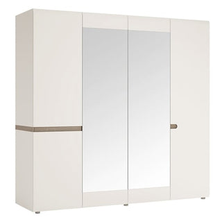 ChoiceWardrobe Cheya 218cm 4 Door Mirrored Wardrobe in White & Truffle Oak with soft-close doors and modern design.