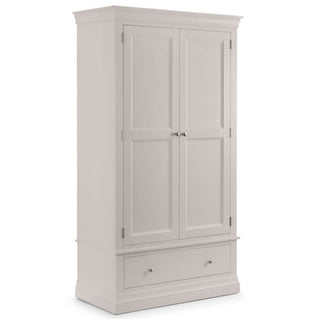 The CHOICEWARDROBE Chirk 2 Door 1 Drawer Wardrobe features a tall, light grey finish with paneled doors, a spacious bottom drawer, and simple metal knobs in a classic country design.