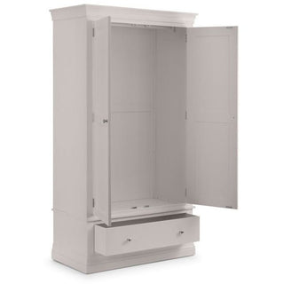 The CHOICEWARDROBE Chirk 2 Door 1 Drawer Wardrobe in light grey reveals an empty interior and a single open drawer. It features a simple, classic country design inspired by traditional bedroom furniture.