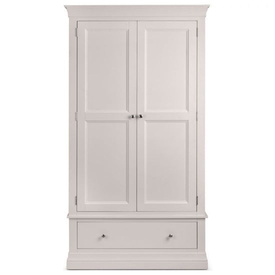 Light grey 2-door 1-drawer wardrobe with paneled doors and metal knobs, classic country style.