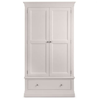 The CHOICEWARDROBE Chirk 2 Door 1 Drawer Wardrobe in a light grey finish features paneled doors, a bottom drawer with metal knobs, and a classic country design inspired by traditional French bedroom furniture.