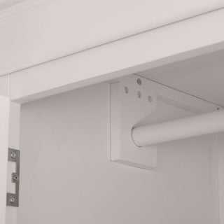 A close-up of the CHOICEWARDROBE Chirk 2 Door 1 Drawer Wardrobe in light grey shows a metal rod mounted to the side wall with screws, while the door frame and hinge reflect its classic country design.