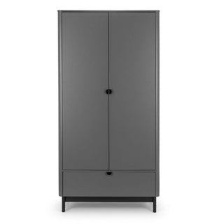 Compact matt grey 2 door wardrobe with 1 drawer, minimalist modern design ideal for small UK bedrooms seeking sleek and stylish storage.