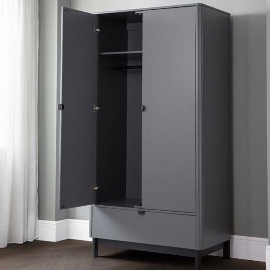 Chloe matt grey 2-door wardrobe with hanging rail, shelf and visible lower drawer.