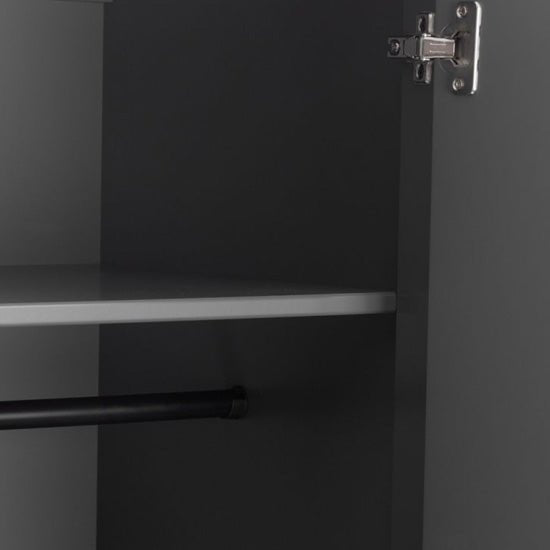 Interior of Chloe matt grey 2 door wardrobe showing shelf and hanging rail