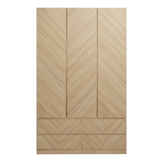 CHOICEWARDROBE Cianna 3 door wardrobe with 4 drawers in Euro Oak finish, herringbone wood-grain pattern