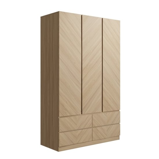 CHOICEWARDROBE Cianna 3 Door Wardrobe in Euro Oak with chevron pattern and 4 drawers.
