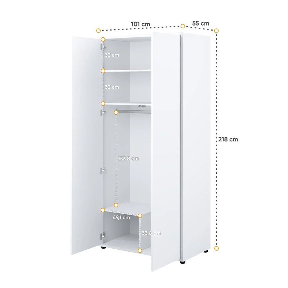White 2-door hinged wardrobe with doors open, showing shelves and hanging rail. Dimensions 218x101x55 cm.