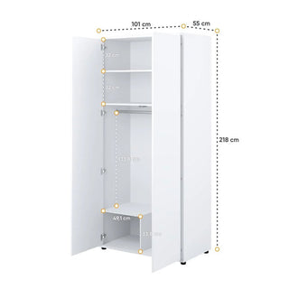 The CHOICEWARDROBE Clarion 2 Door Wardrobe in White Matte Finish features open doors showing three compartments, a hanging rail, adjustable shelves, and dimensions of 218x101x55 cm—ideal for compact bedrooms.