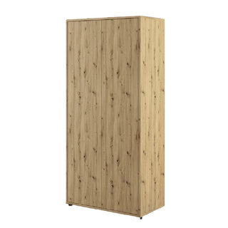 The CHOICEWARDROBE Clarion 2 Door Wooden Wardrobe features a 101cm natural knotty oak effect finish with vertical grain, shelves, hanging rail, compact modern storage, flat base, and a handle-free design.