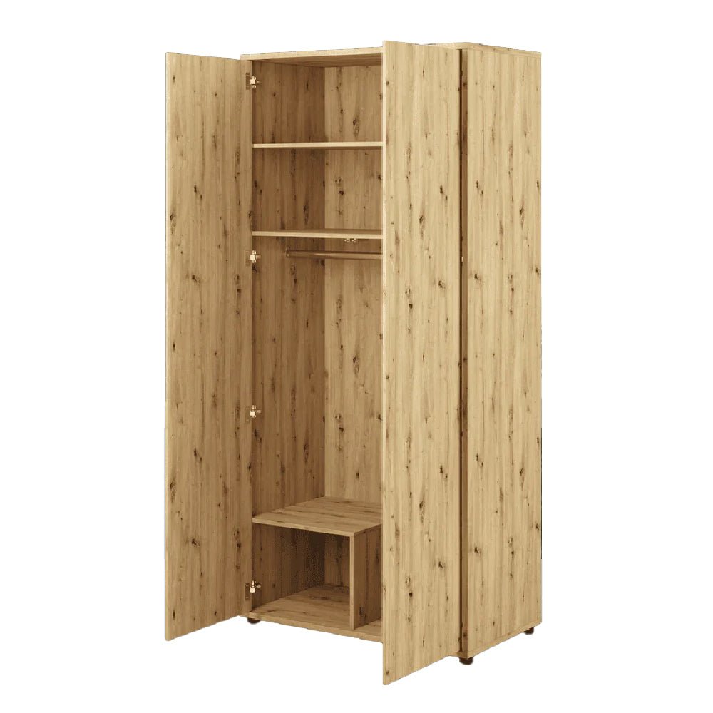 CHOICEWARDROBE Clarion 2-door wardrobe in natural knotty oak effect, doors open showing shelves and hanging rail.