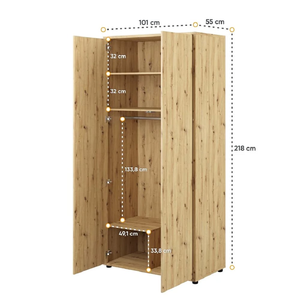 CHOICEWARDROBE 2 door wardrobe, natural knotty oak effect finish, 101cm wide, with internal shelves and hanging rail.