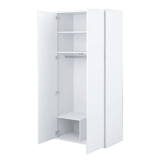 The CHOICEWARDROBE Clarion Wardrobe is a 2-door, matte white minimalist design featuring upper shelves, a central hanging rail, and a lower divided compartment—ideal modern storage for contemporary bedrooms.